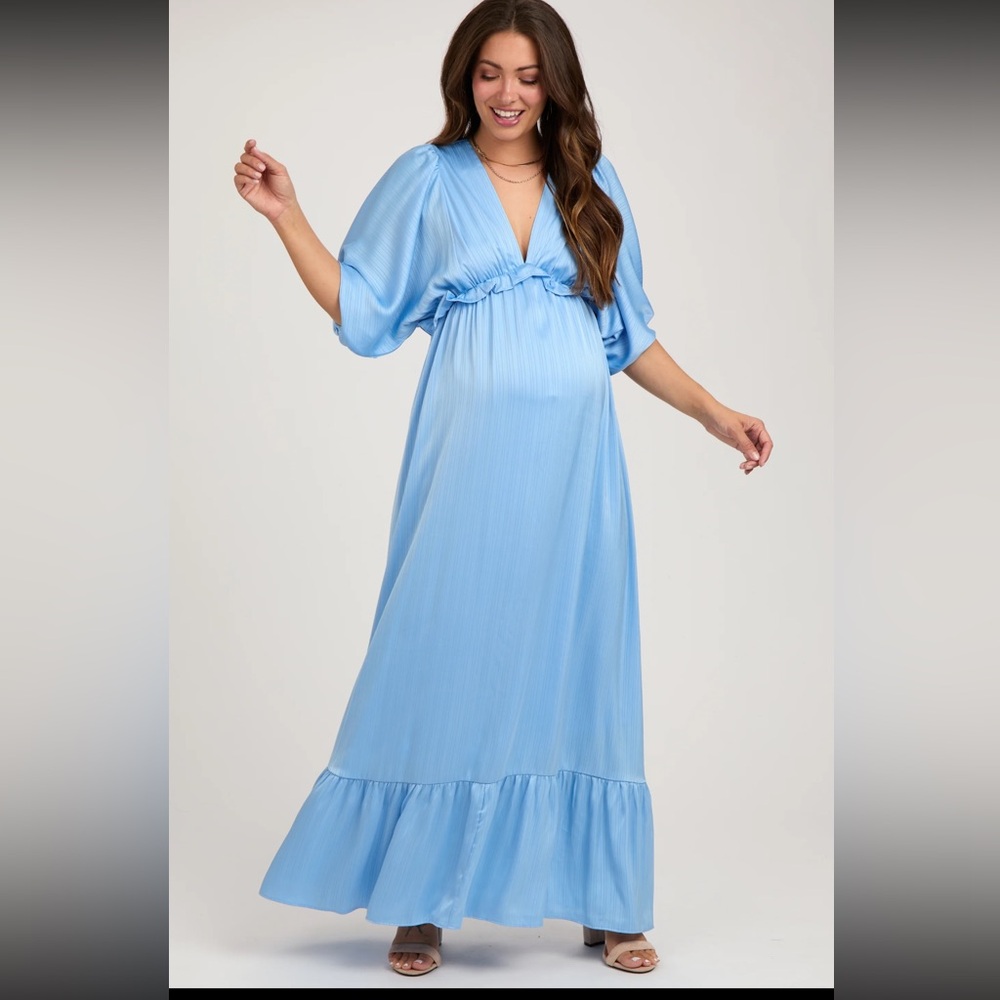Pink Blush Light Blue Striped Ruffle Accent Maternity Dress
